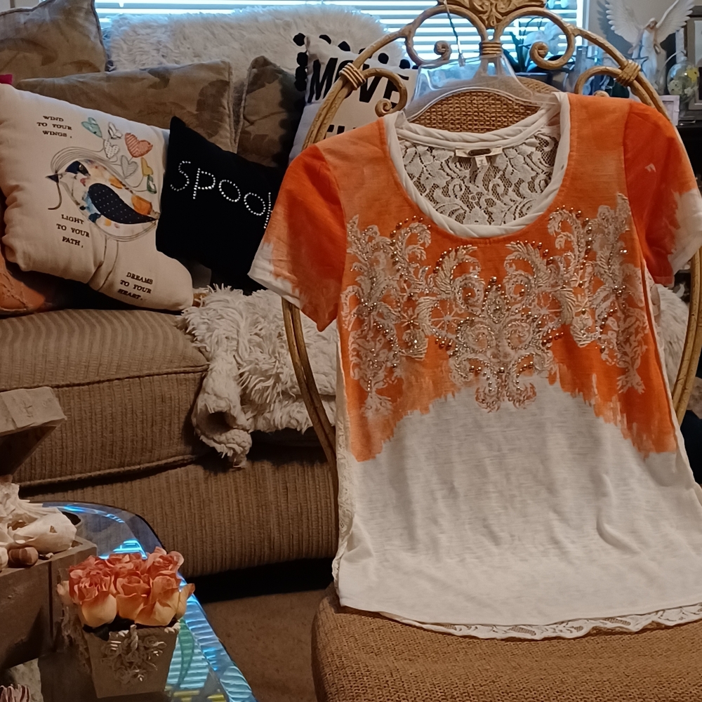 Miss Me "S" short-sleeved orange  white top w/metal studs and full lace back